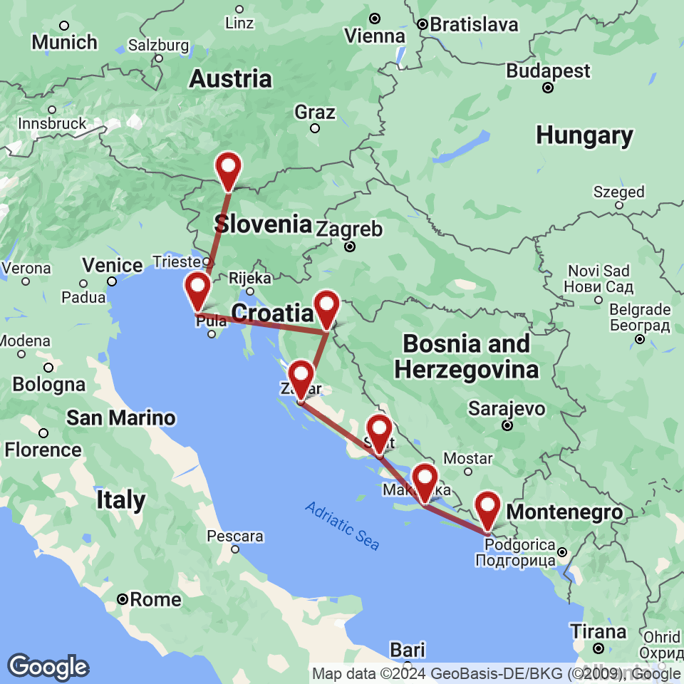 Route for Bled, Rovinj, Plitvice, Zadar, Split, Korcula, Dubrovnik tour